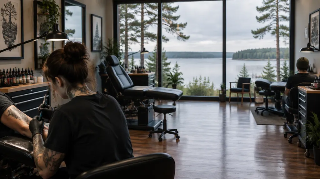 A clean modern tattoo studio with artist stations in Greenwood, SC