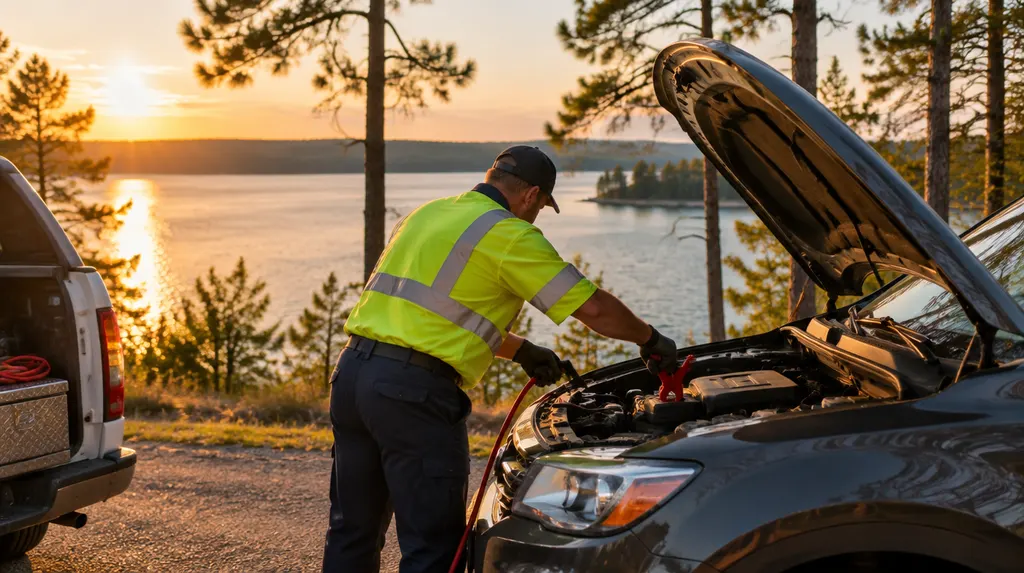 A roadside assistance worker jump-starting a car in Greenwood, SC