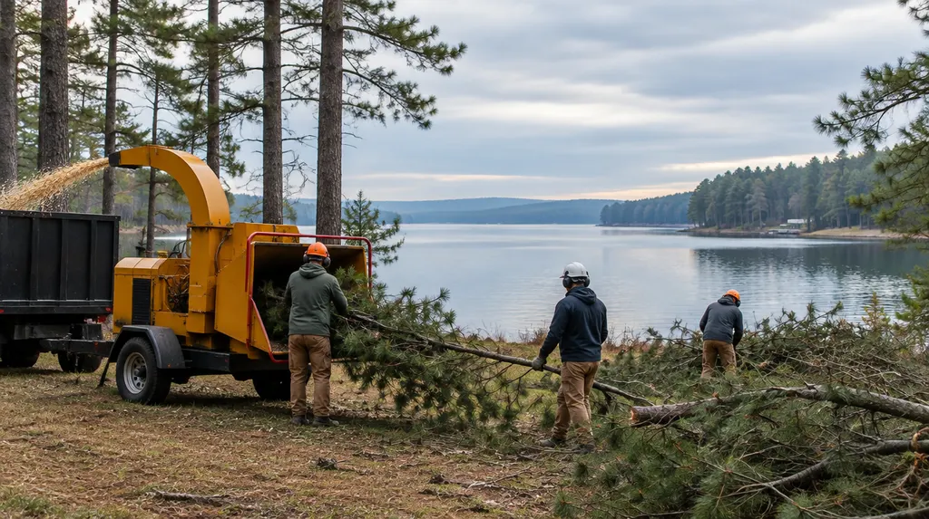 A crew feeding branches into a wood chipper in Greenwood, SC