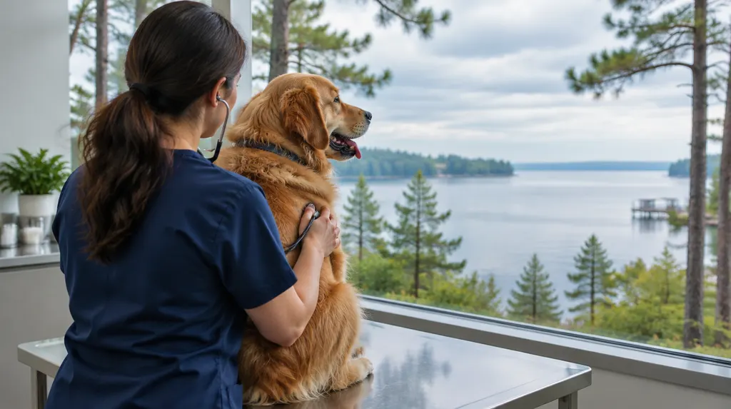 A veterinarian examining a happy dog on an exam table in Greenwood, SC