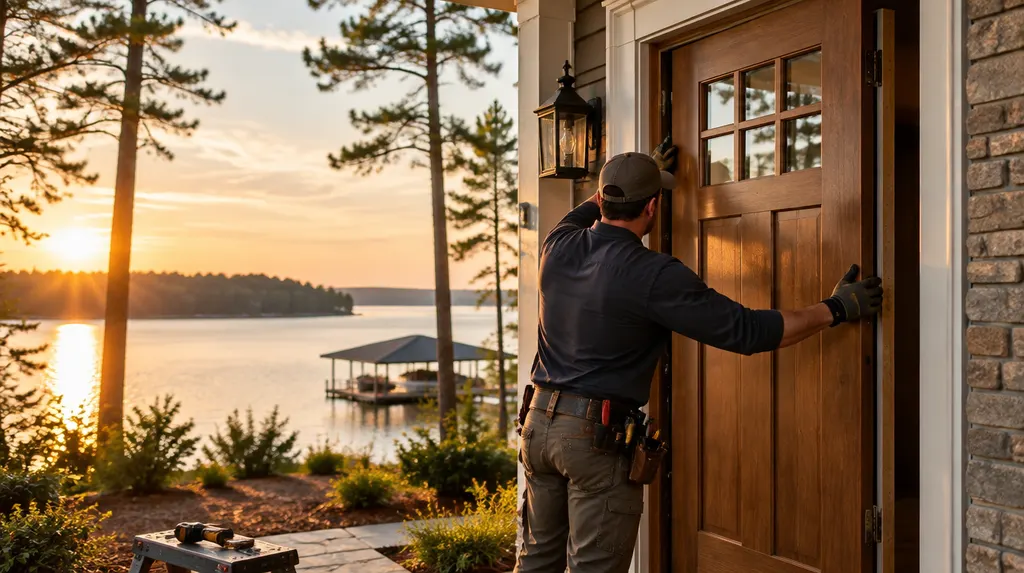 An installer hanging a new front entry door in Greenwood, SC