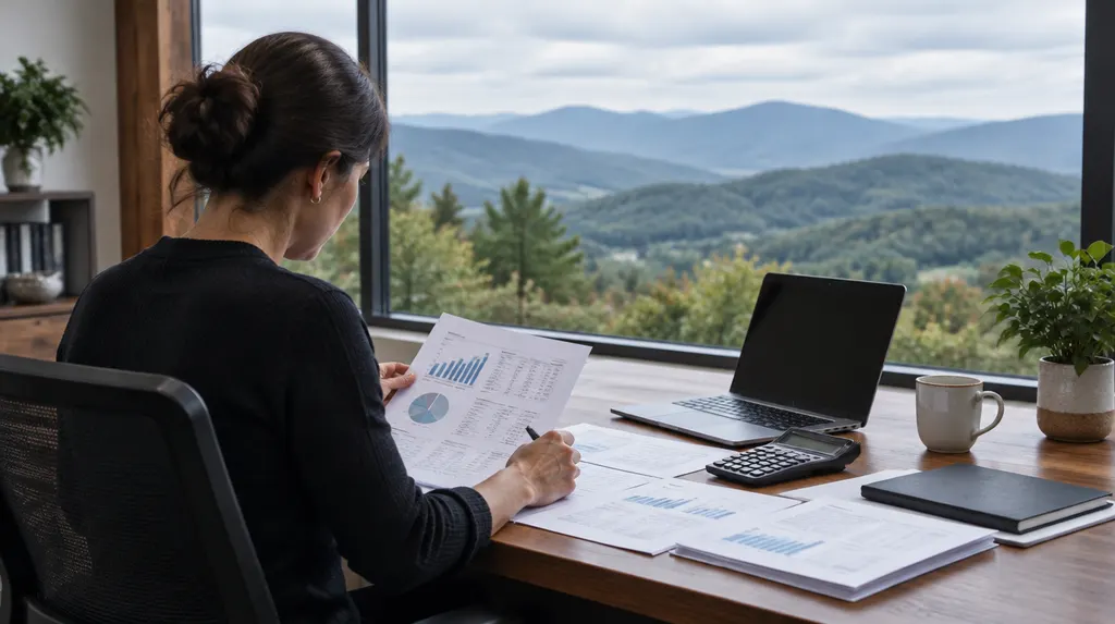 An accountant reviewing financial reports at a desk in Greer, SC