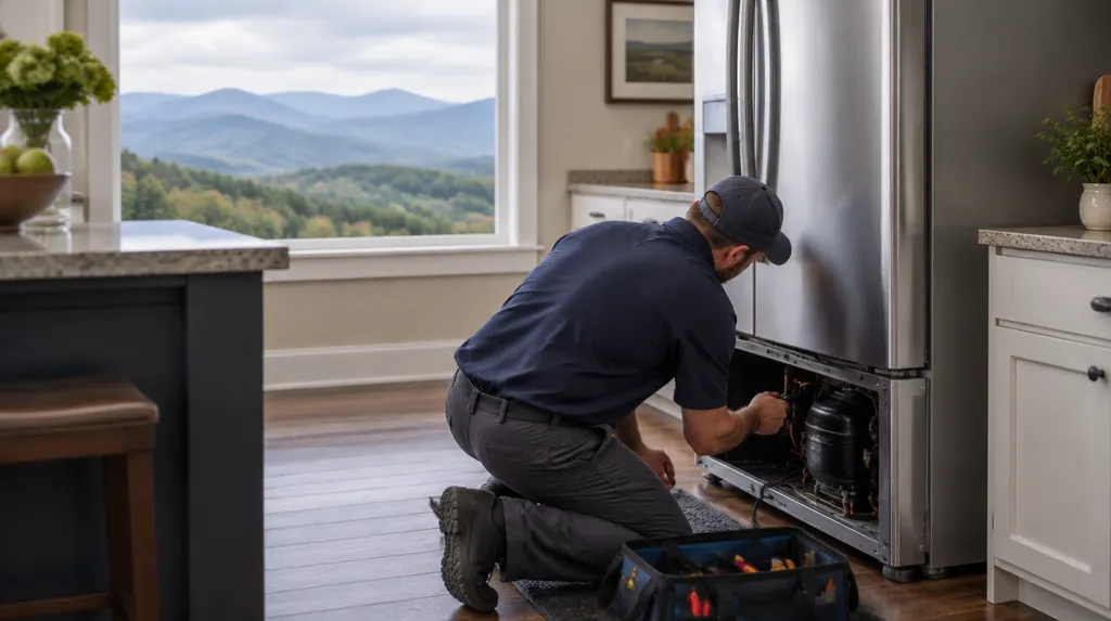 A technician repairing a refrigerator in a kitchen in Greer, SC