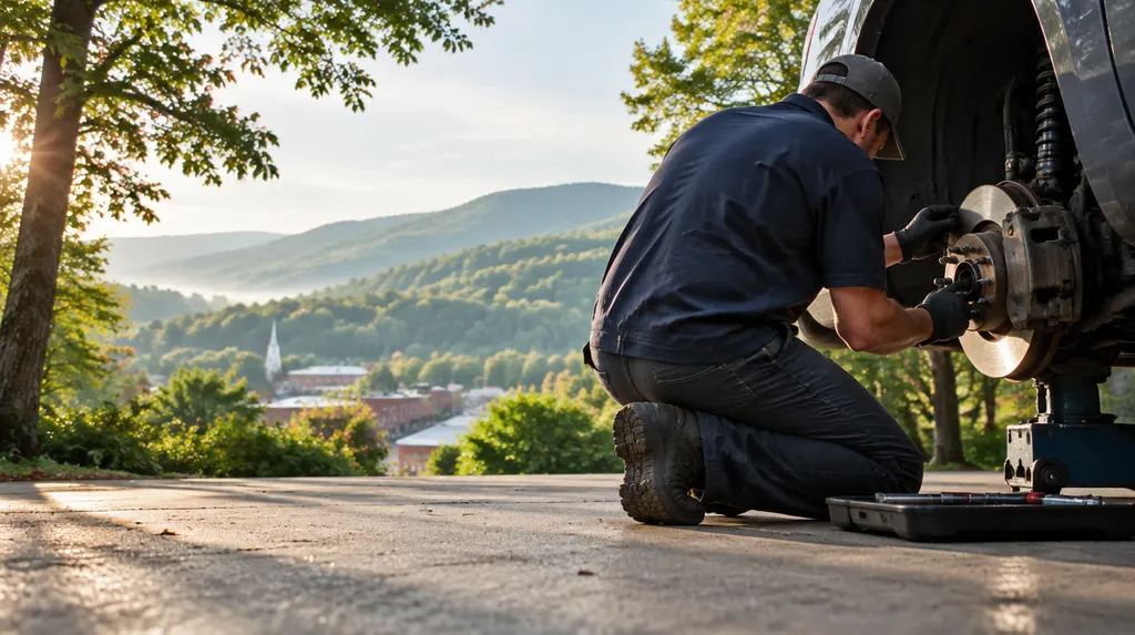 A mechanic checking brakes on a wheel in Greer, SC