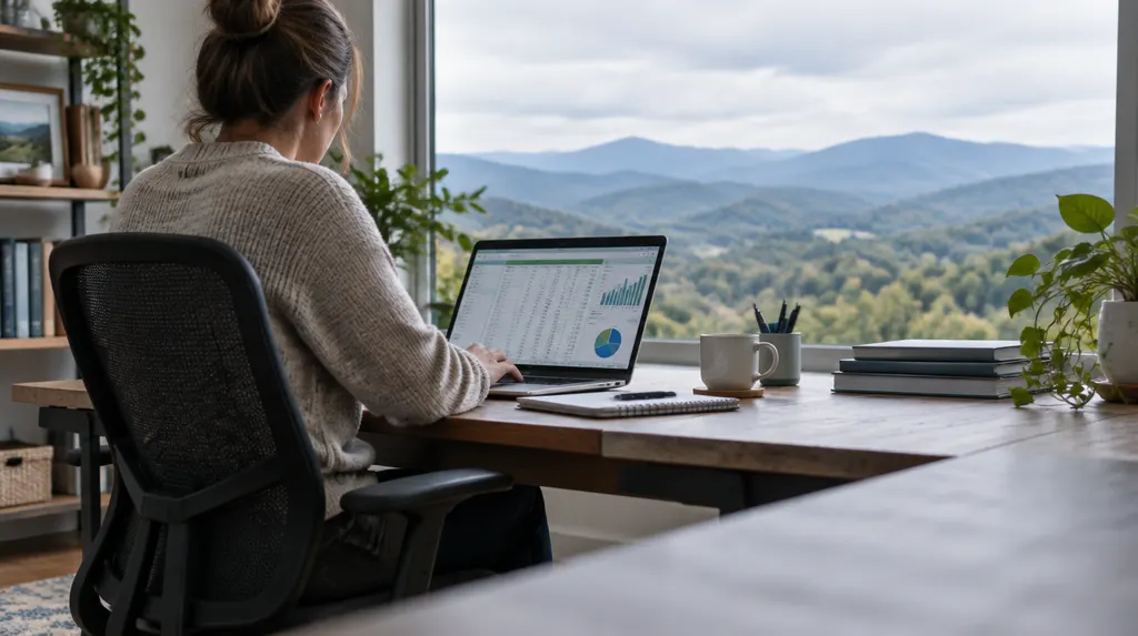 A bookkeeper working on financial software in a home office in Greer, SC