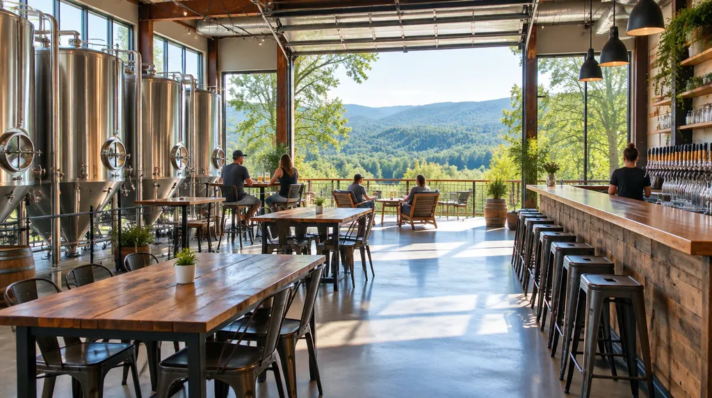 A craft brewery taproom with tanks and a bar in Greer, SC