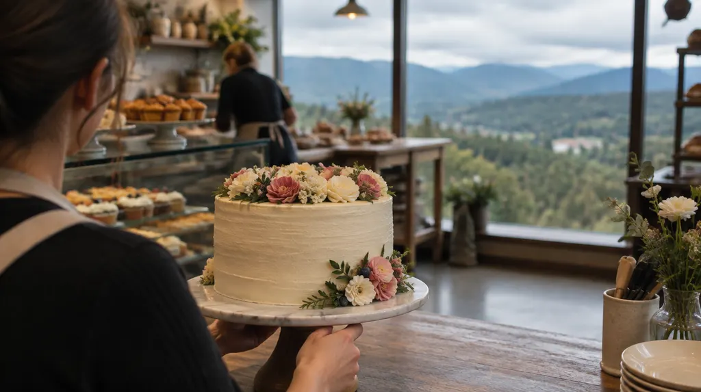 A decorated celebration cake in a bakery in Greer, SC
