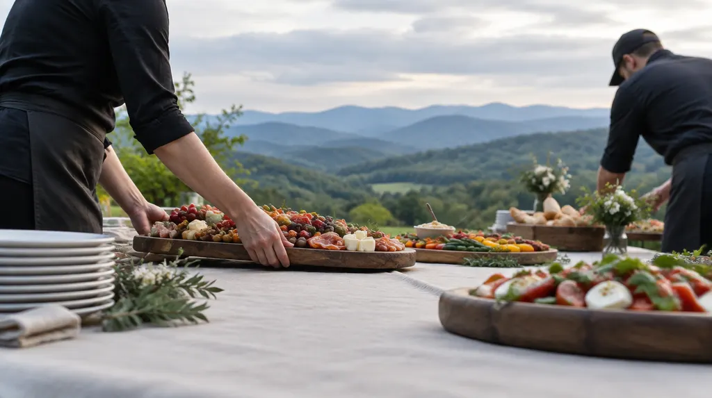 Caterers arranging platters on a table in Greer, SC