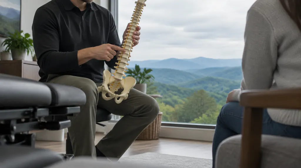 A chiropractor discussing a spine model in Greer, SC