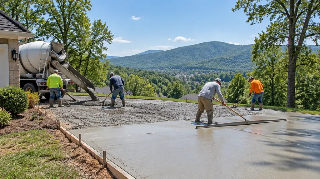 A crew pouring and screeding a new concrete driveway in Greer, SC