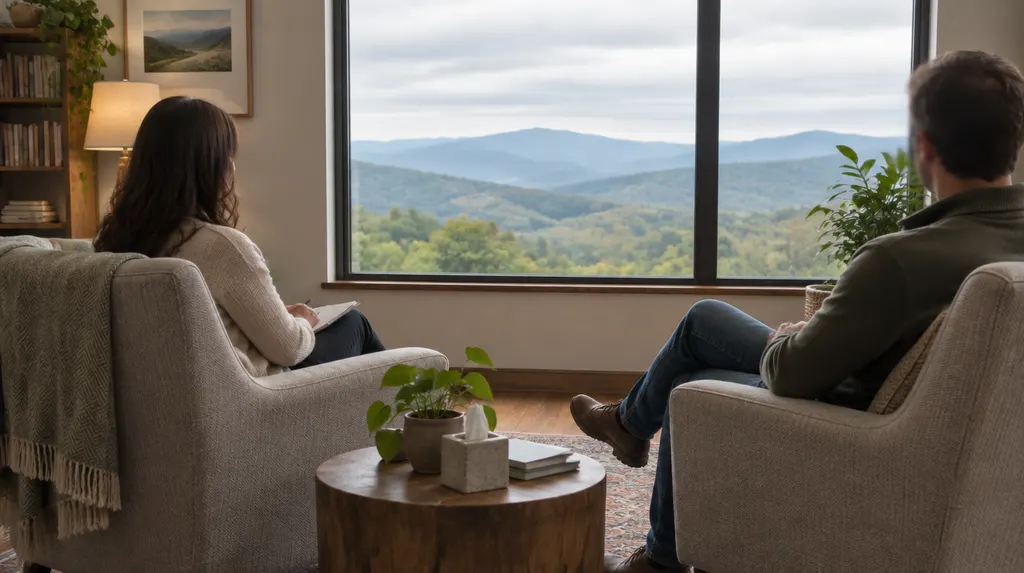 A calm, softly lit counseling room with two armchairs in Greer, SC