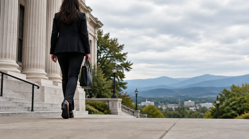 An attorney walking outside a courthouse-style building in Greer, SC
