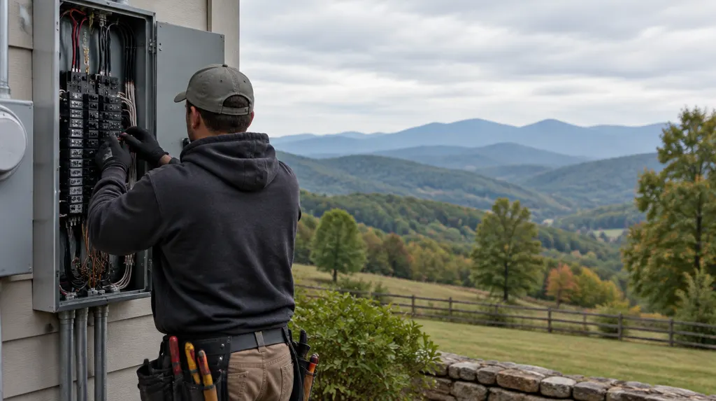 An electrician working on an open breaker panel in Greer, SC