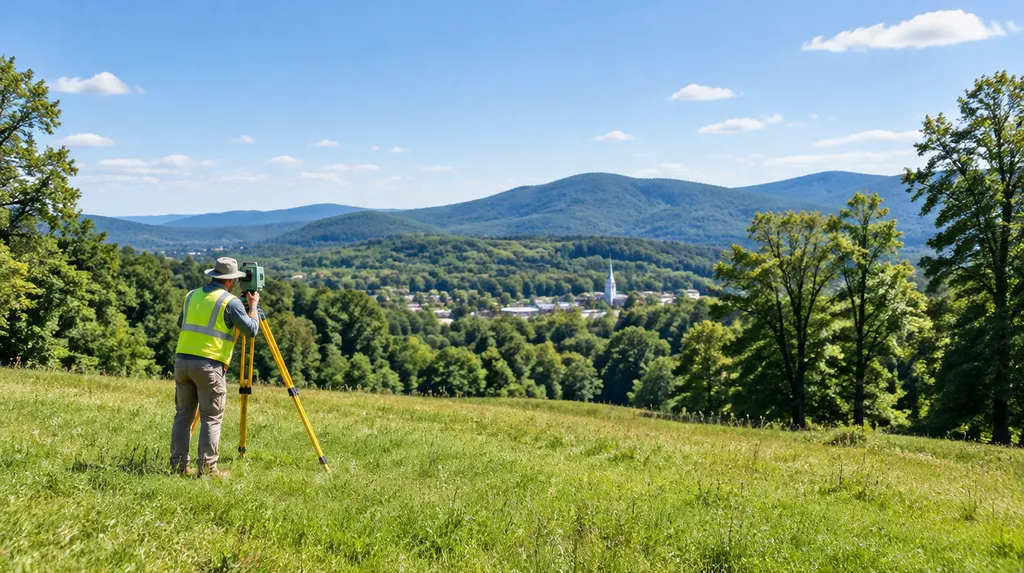 A surveyor with a tripod instrument in a field in Greer, SC