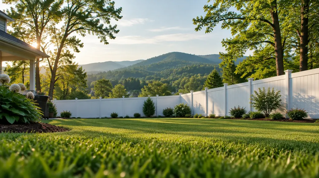 A white vinyl fence around a green backyard in Greer, SC