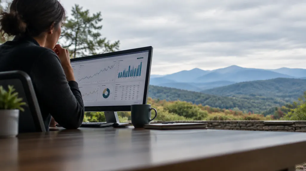 An advisor reviewing charts on a monitor in Greer, SC
