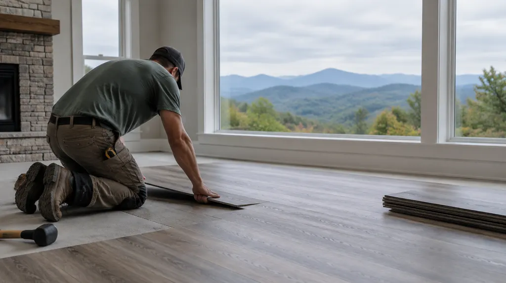 An installer laying luxury vinyl plank flooring in Greer, SC