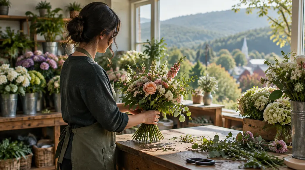 A florist arranging a bouquet in a flower shop in Greer, SC