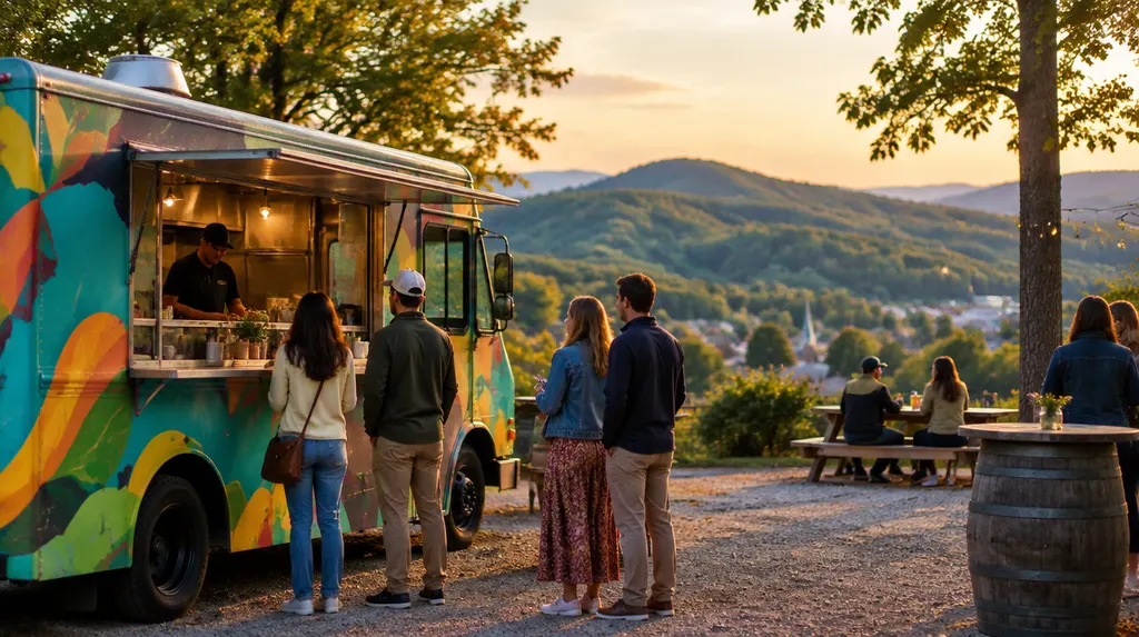 A colorful food truck serving at an evening event in Greer, SC