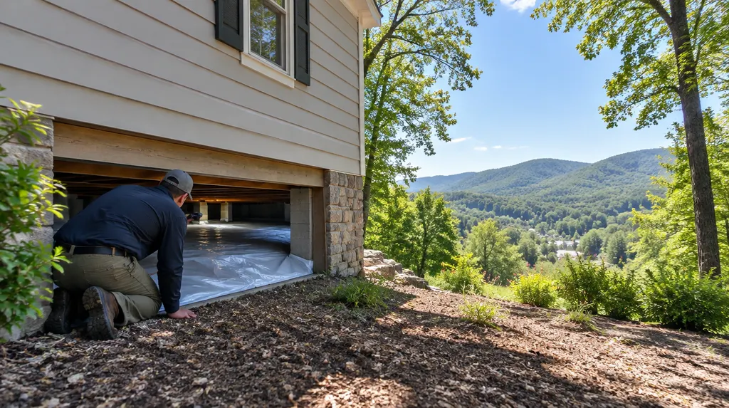 A technician inspecting a crawl space with a vapor barrier in Greer, SC