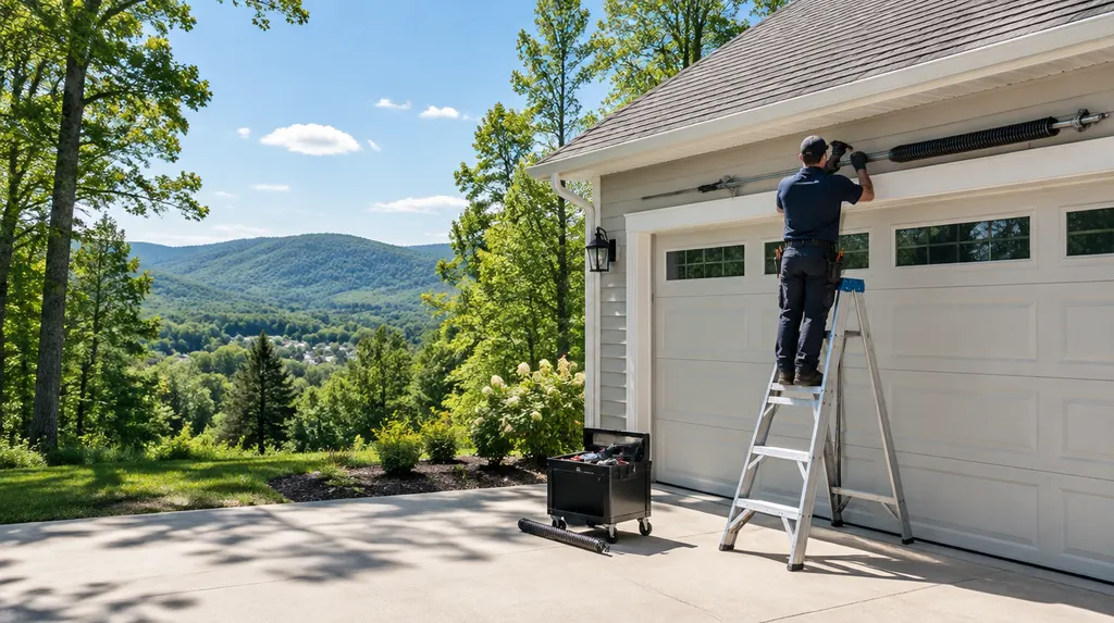 A technician replacing a torsion spring above a garage door in Greer, SC
