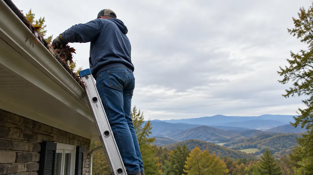 A worker cleaning leaves out of a gutter from a ladder in Greer, SC