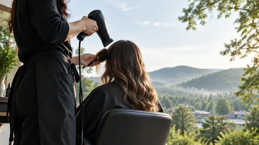 A stylist blow-drying a client’s hair in Greer, SC