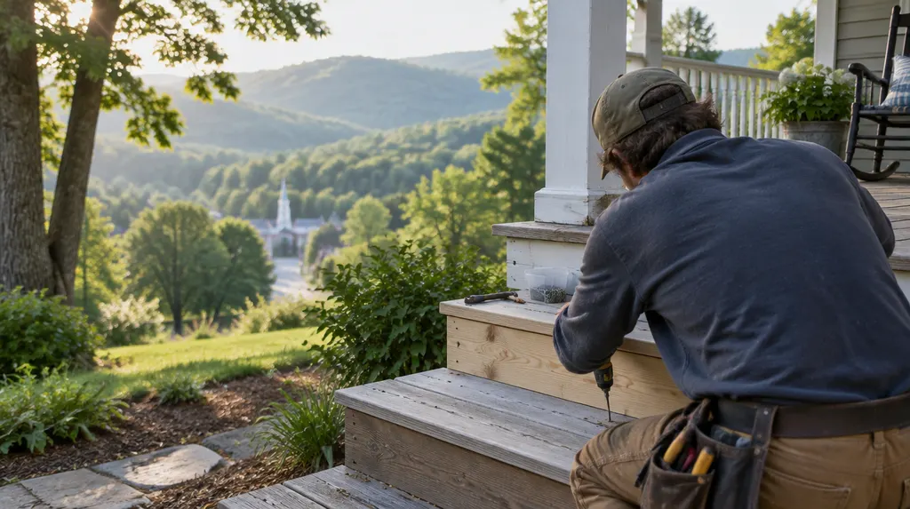 A handyman repairing a wooden porch step in Greer, SC