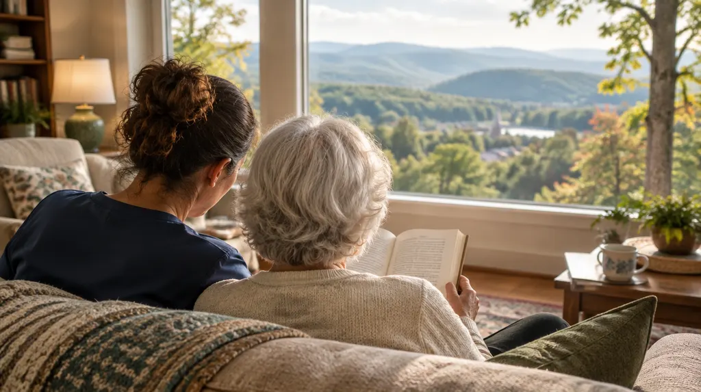 A warm living room with a caregiver and a senior reading together in Greer, SC