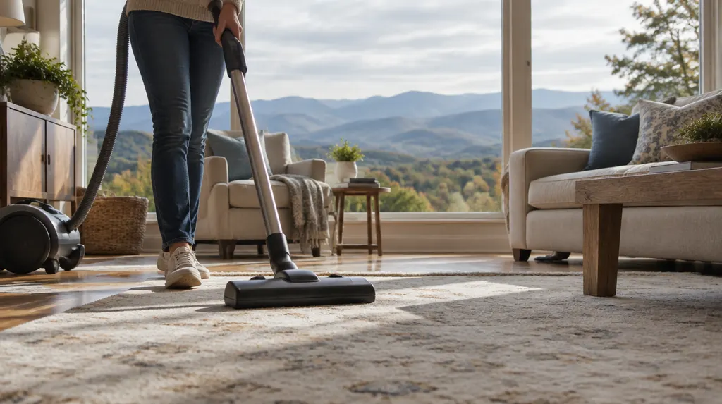 A cleaner vacuuming a sunny living room in Greer, SC