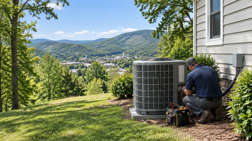 An HVAC technician servicing an outdoor condenser beside a house in Greer, SC