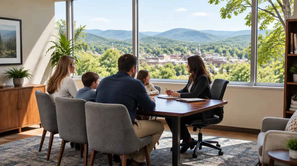 An insurance agent meeting a family in an office in Greer, SC