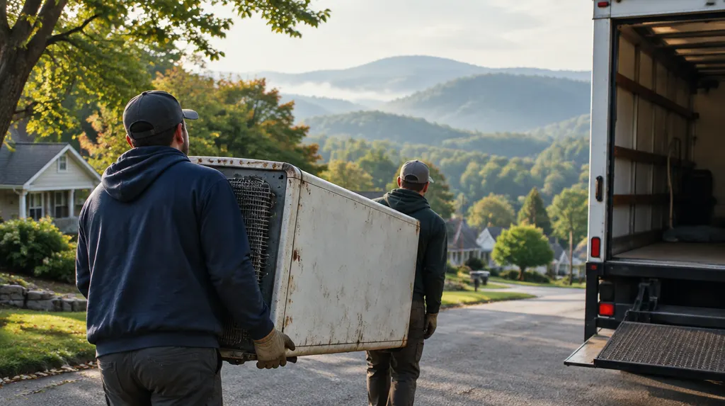 Workers carrying an old appliance to a truck in Greer, SC