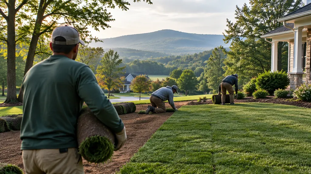 A crew laying fresh sod in a front yard in Greer, SC