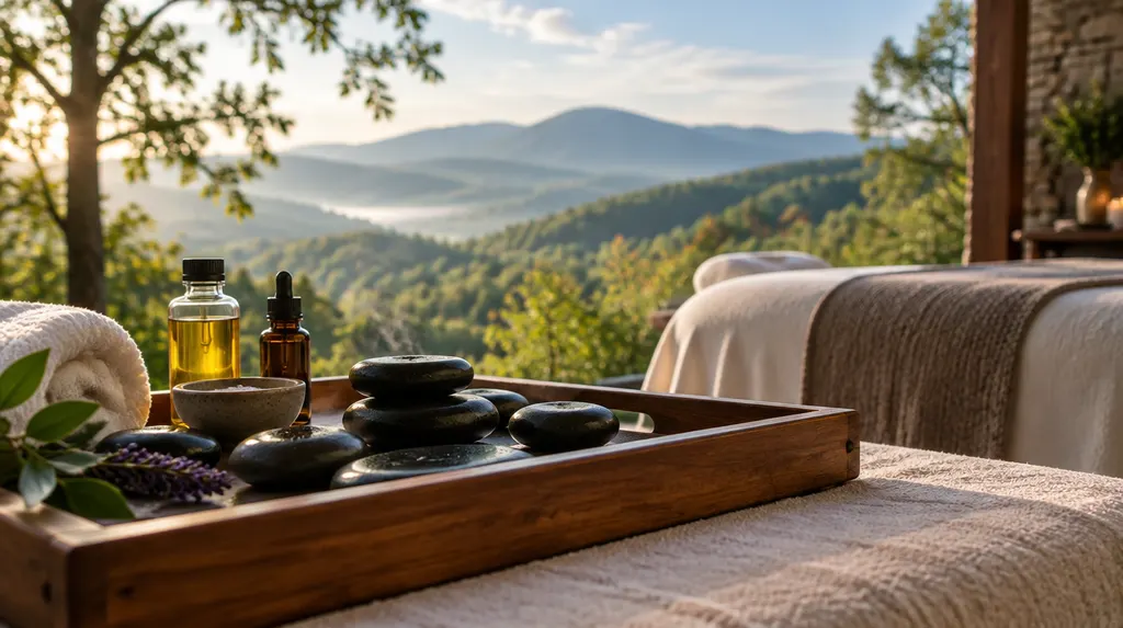 Warm stones and oils on a wooden tray in a spa in Greer, SC