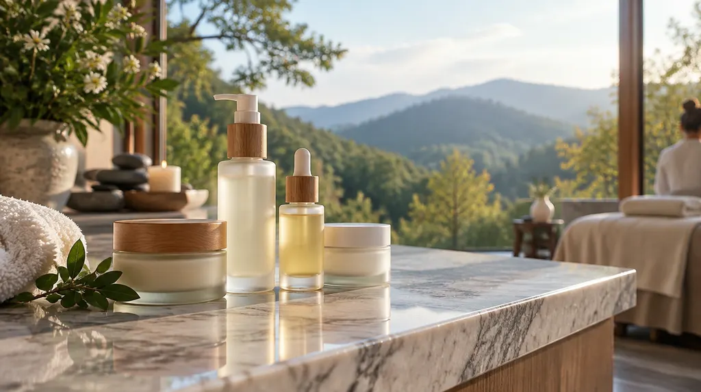 Skincare products on a marble counter in a spa in Greer, SC