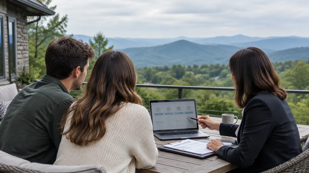 A mortgage broker explaining loan options to a young couple in Greer, SC