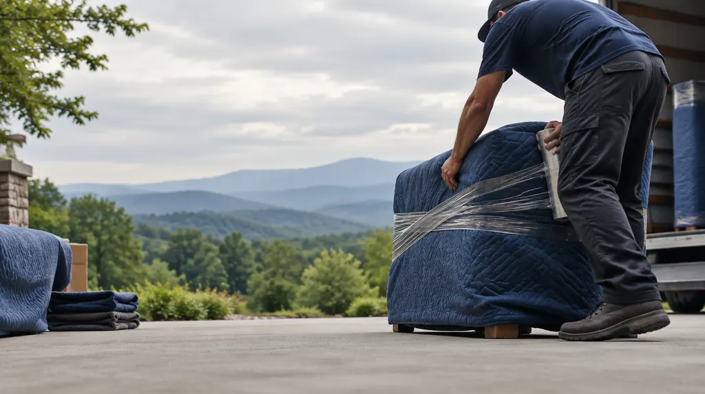 A mover wrapping furniture in moving blankets in Greer, SC