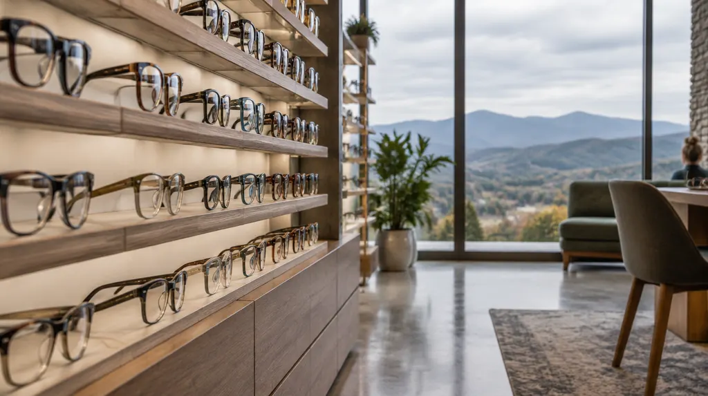 A wall of stylish eyeglass frames in an optical shop in Greer, SC