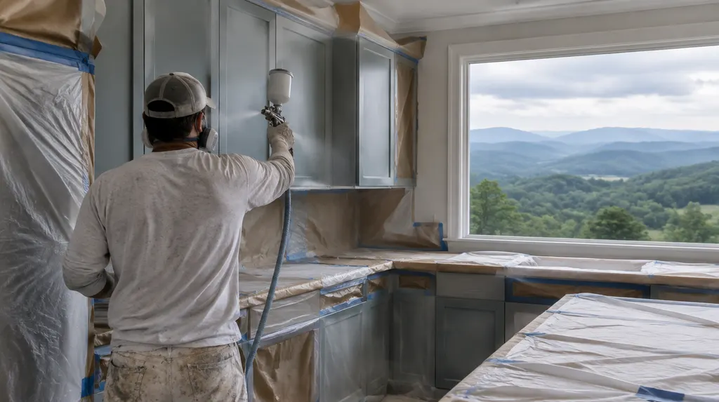 A painter spraying kitchen cabinets in a prepped room in Greer, SC