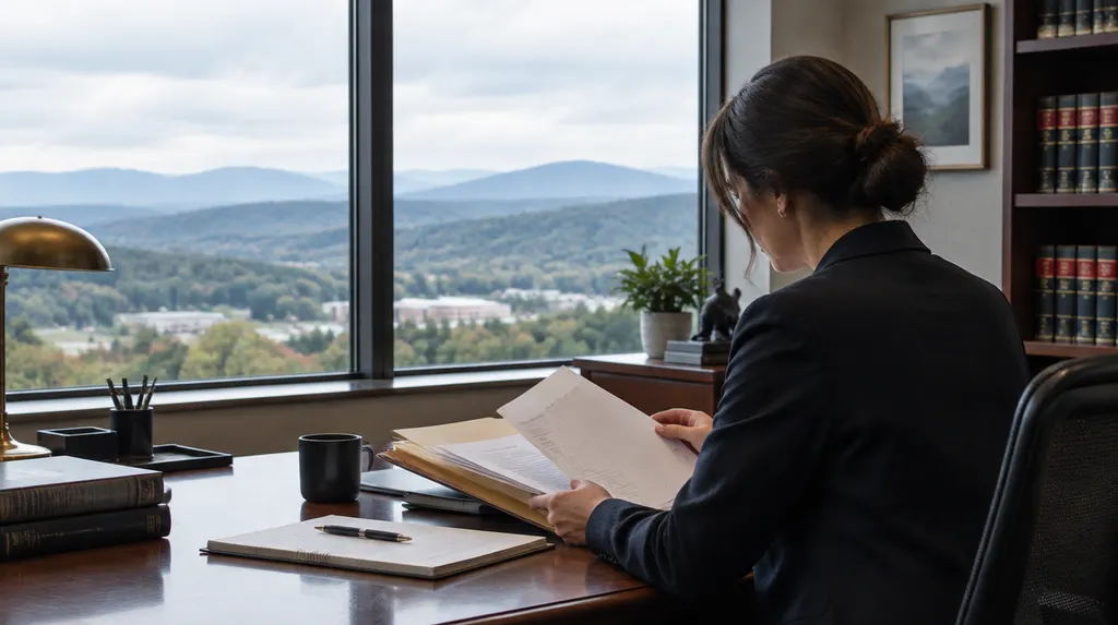 A lawyer reviewing a case file in a law office in Greer, SC