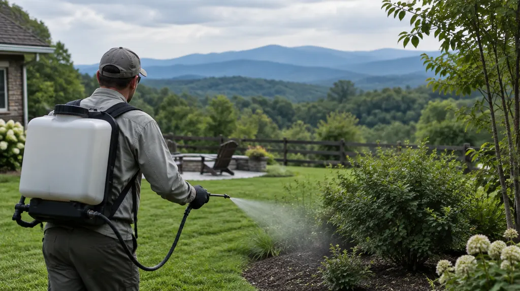 A technician treating a backyard for mosquitoes in Greer, SC