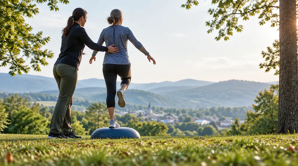 A therapist guiding a patient on a balance exercise in Greer, SC