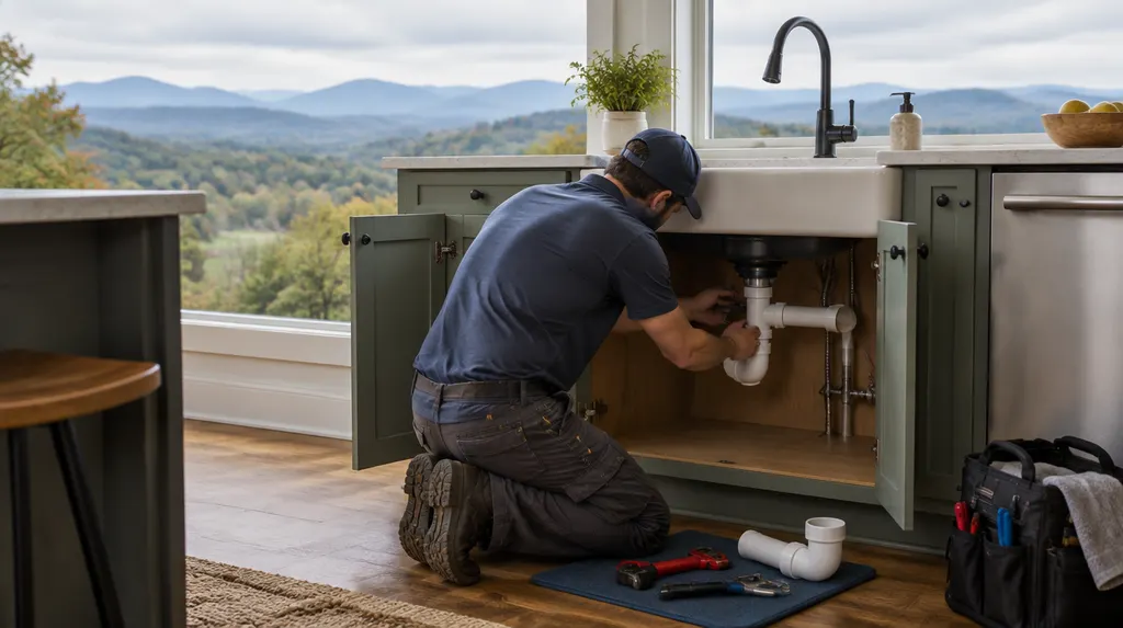 A plumber kneeling under a kitchen sink fitting a new pipe in Greer, SC
