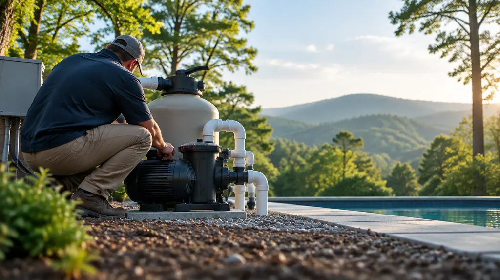 A technician checking pool equipment and a pump in Greer, SC