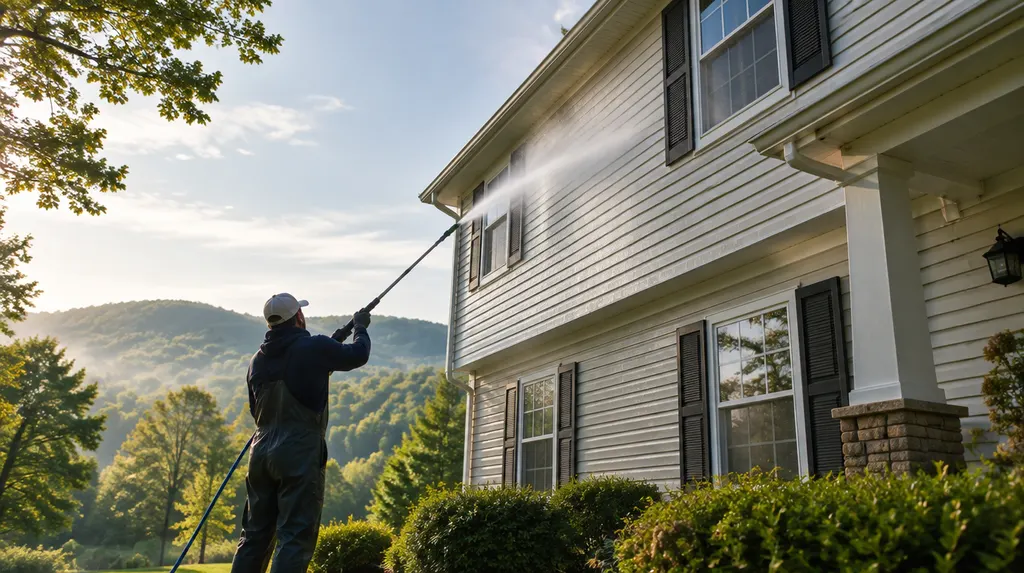 Soft washing the vinyl siding of a two-story house in Greer, SC
