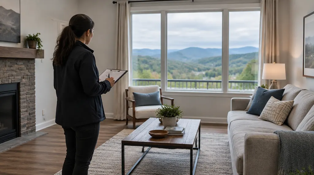 A property manager inspecting a rental living room in Greer, SC