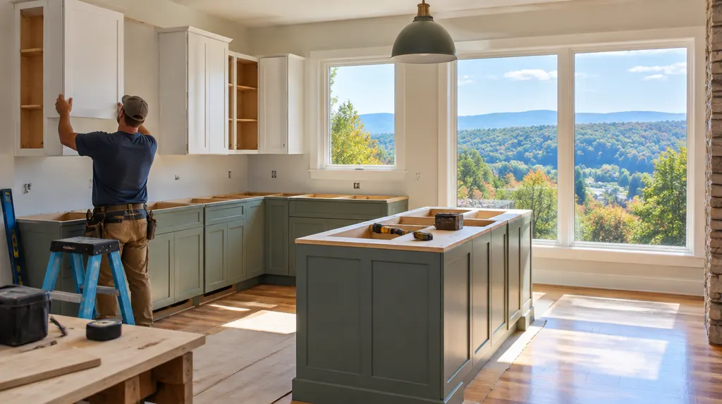 A remodeler installing new kitchen cabinets in Greer, SC