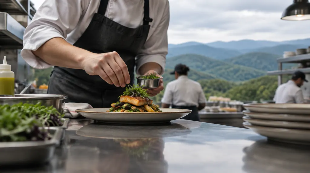 A chef plating a dish in a busy kitchen in Greer, SC