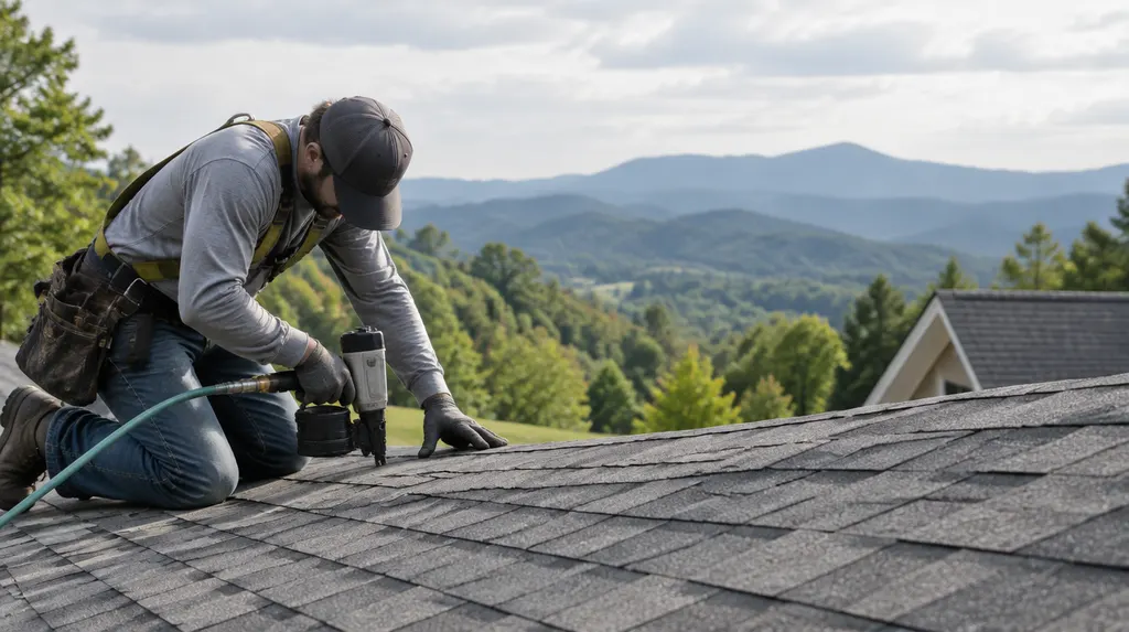 A roofer nailing architectural shingles on a sunny roof in Greer, SC